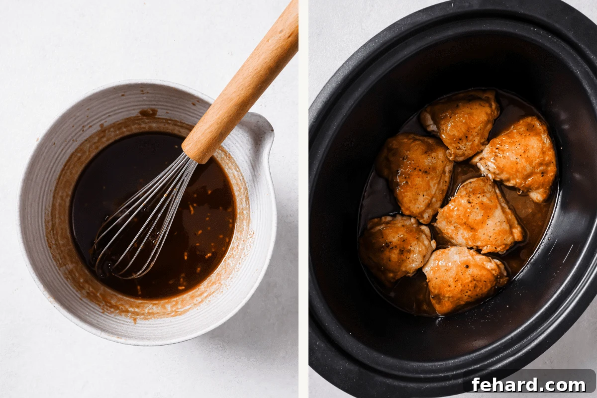 Sweet & Sticky Slow Cooker Chicken 5 Left: A bowl of sauce with a whisk. Right: chicken thighs and sauce in slow cooker.