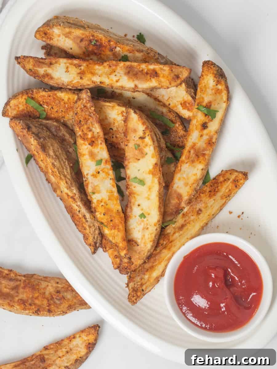 Crispy Air-Fried Potato Wedges on white platter with a side of ketchup.