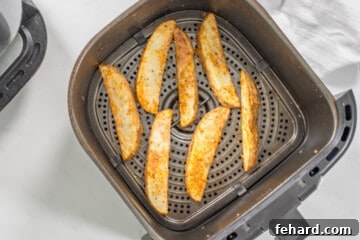 Seasoned potato wedges in a single layer after air frying until crispy.