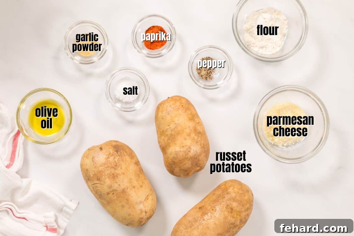 Ingredients for potato wedges on counter with text overlay.