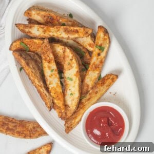 Air Fryer Seasoned Potato Wedges on white platter with a side of ketchup.
