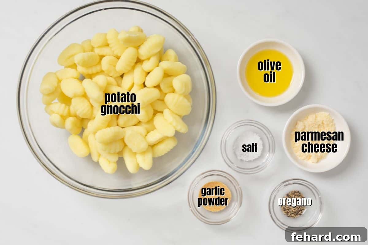 Air Fried Gnocchi Ingredients Ingredients for air fryer gnocchi labeled on counter.