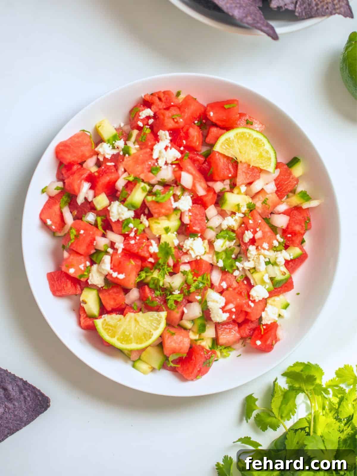 Watermelon Salsa in white bowl topped with crumbled feta and lime wedges, served with tortilla chips.