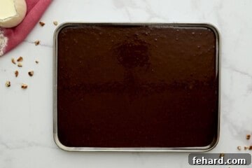 Texas Sheet cake batter smoothly spread out in a greased and floured sheet pan, ready for baking.