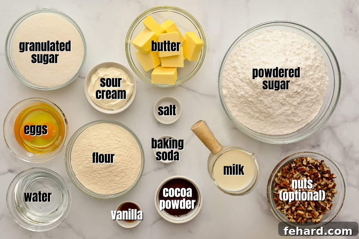 Ingredients for Texas Sheet Cake with pecan cocoa frosting neatly labeled on a kitchen counter, ready for baking.
