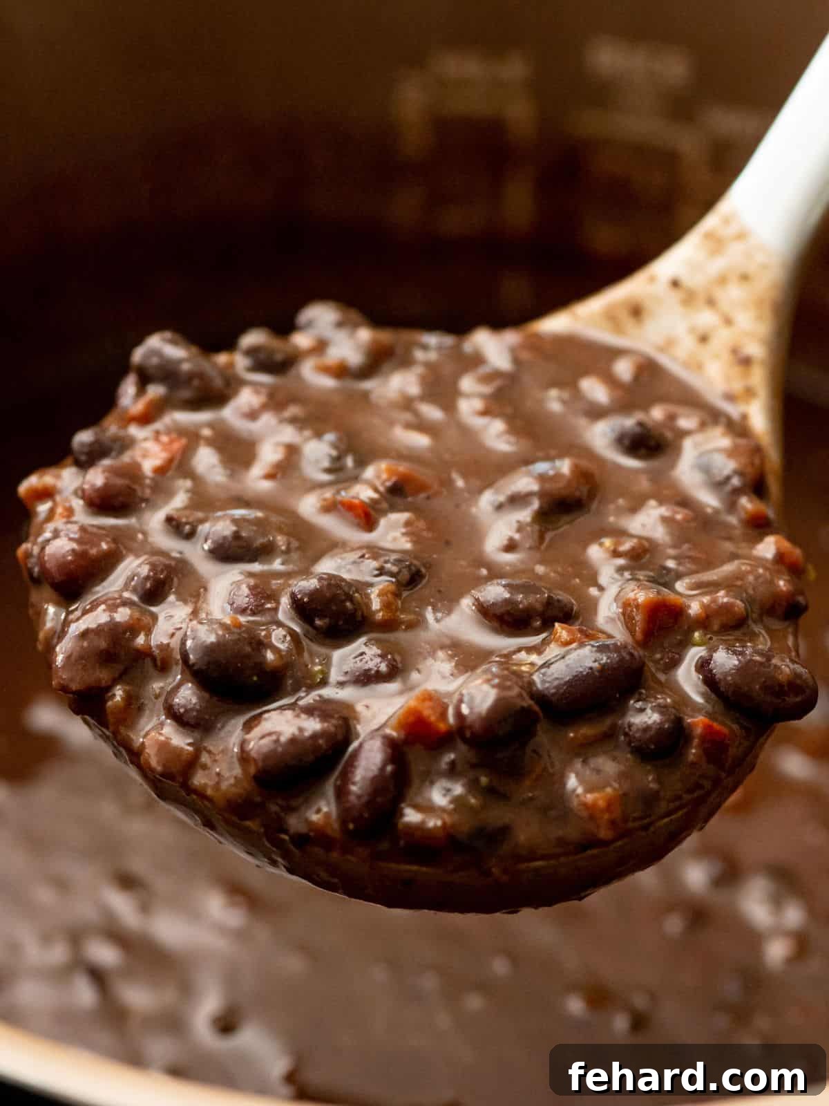 Instant Pot Black Bean Soup Recipe Ladle of Instant Pot Black Bean soup coming out of Instant Pot.