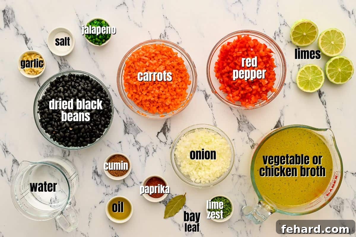 Black Bean Soup Instant Pot Ingredients for black bean soup labeled on counter.
