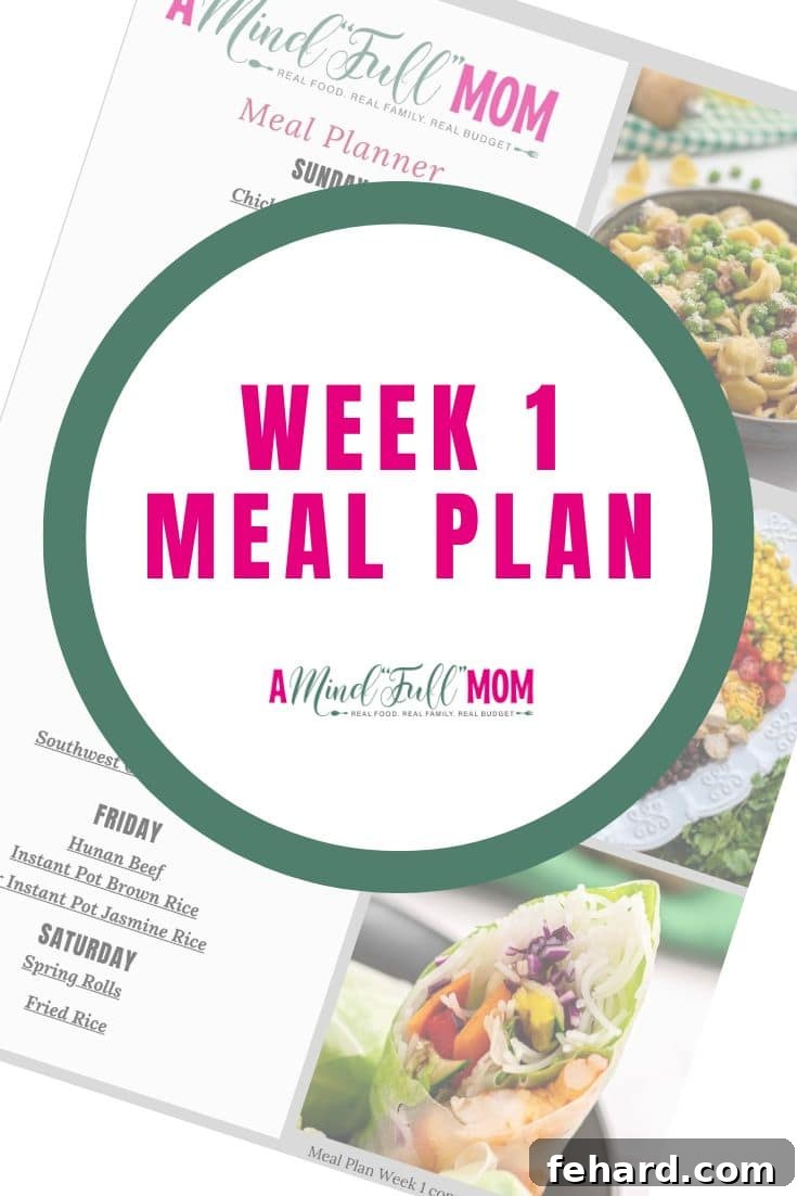 Seven Day Healthy Eating Plan 2 Printable Week 1 Meal Plan with a sticker indicating 'Week 1 Meal Plan'.