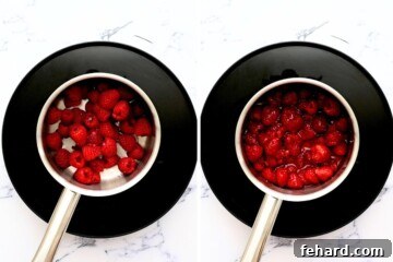 Side by side photo of raspberries in saucepan before and after simmering together.