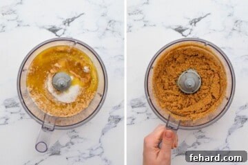 Side by side photo of food processor with graham crackers, butter, and sugar before and after processing together to resemble wet sand.