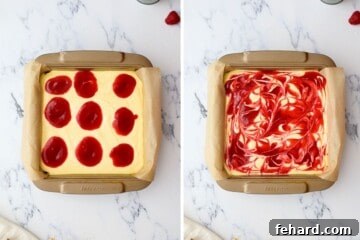 Side by side photo showing dollops of raspberry puree on cheesecake batter before and after being swirled through batter.
