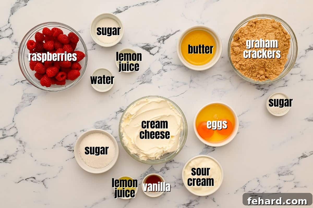 Ingredients Labeled for Cheesecake Bars with Raspberry Puree.