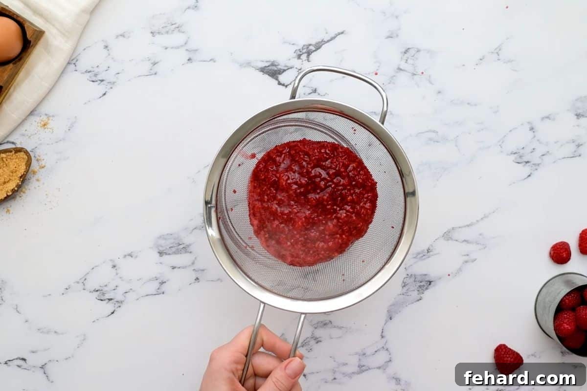 Fine mesh strainer showing removing seeds from raspberry puree.