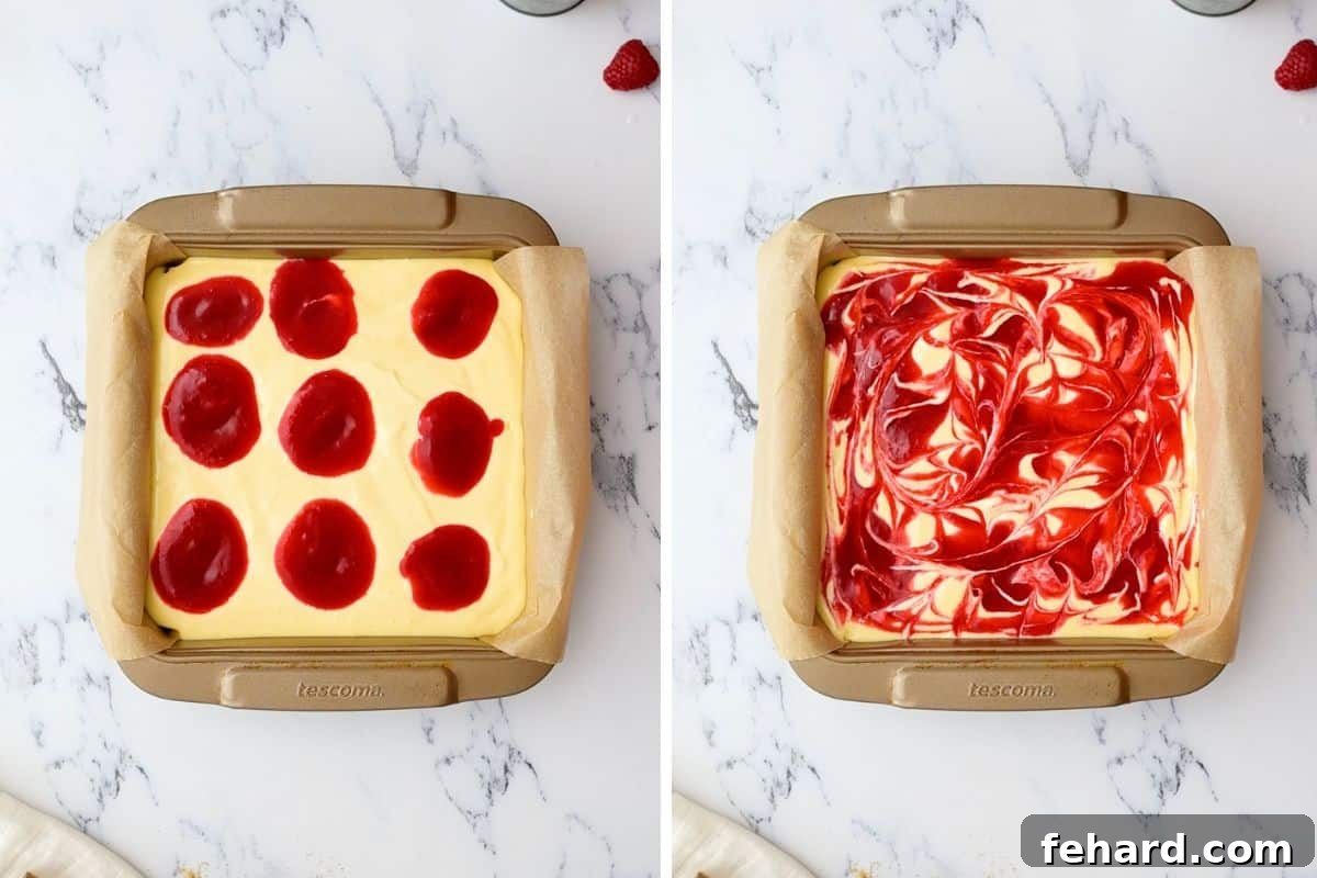 Side by side photo showing dollops of raspberry puree on cheesecake batter before and after being swirled through batter.