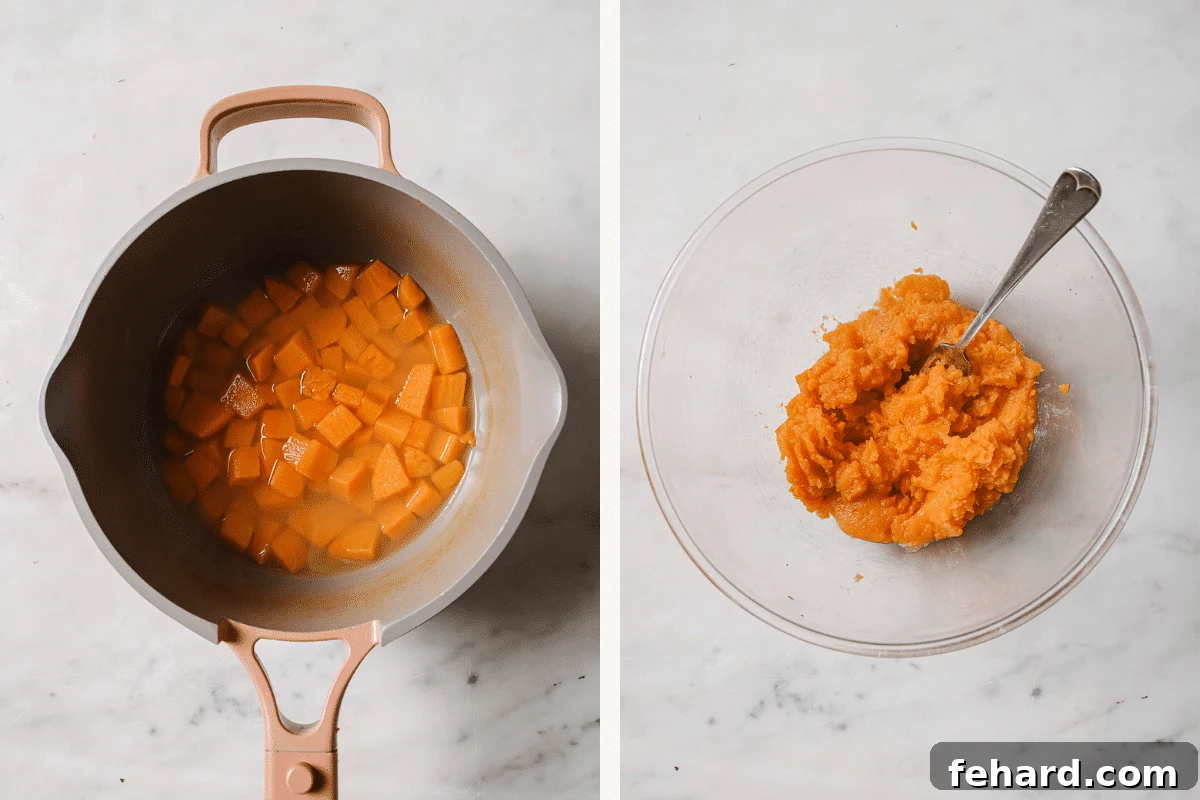 Left: diced sweet potatoes in a pot ready for boiling. Right: mashed sweet potatoes in a bowl, prepared for mixing.