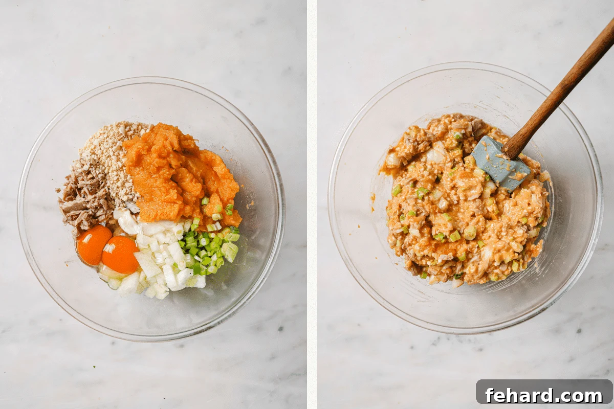 Left: Various ingredients for tuna patties in a glass mixing bowl. Right: The ingredients fully mixed into a cohesive patty mixture.