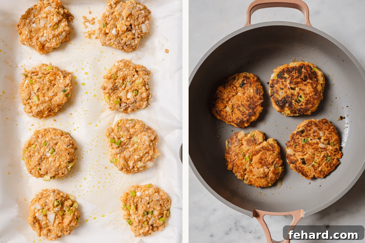 Left: shaped tuna patties arranged on parchment paper. Right: tuna patties cooking to a golden crisp in a skillet.