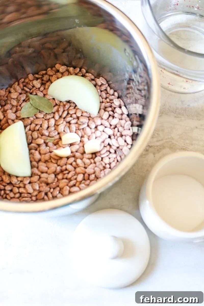 The inner pot of an Instant Pot filled with dried pinto beans, sliced onions, bay leaves, and garlic cloves, with a measuring cup of water and salt on the side.