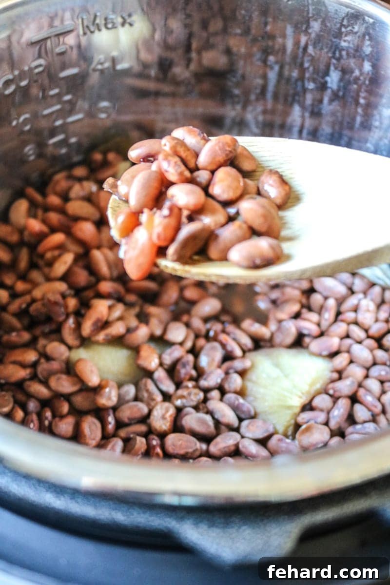 A wooden spoon holding up tenderly cooked pinto beans fresh from the Instant Pot, showing their perfect texture.
