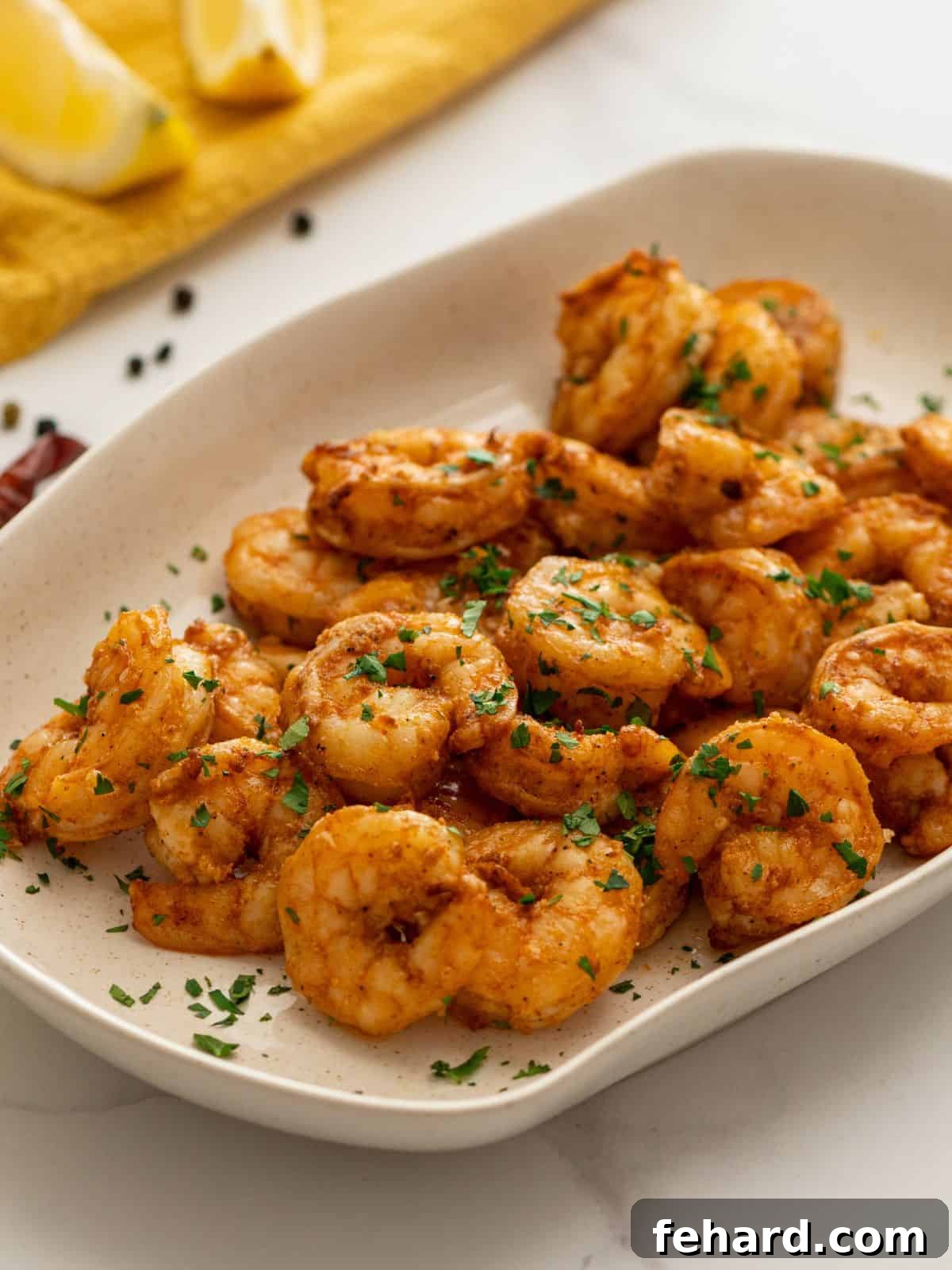 A vibrant platter of seasoned air fryer shrimp, golden and succulent, garnished with fresh parsley and served with bright lemon wedges, ready to be enjoyed as a quick and healthy meal.