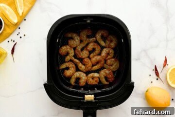 Seasoned shrimp neatly arranged in a single layer inside an air fryer basket, preventing overcrowding.