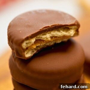 A homemade Tagalong Cookie broke open to show butter cracker, peanut butter, and chocolate layer.