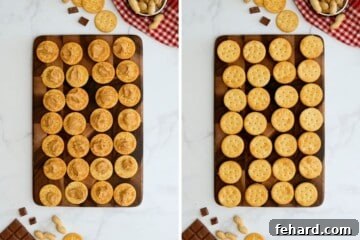 Side by side photo showing butter crackers dolloped with peanut butter then topped with another butter cracker to form Ritz peanut butter sandwich.