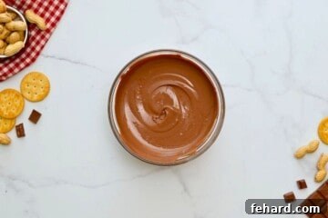 Melted chocolate in glass bowl next to butter crackers and peanut butter.