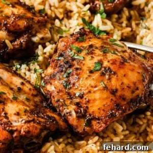Rice and chicken thighs in a white casserole dish, garnished with fresh herbs.
