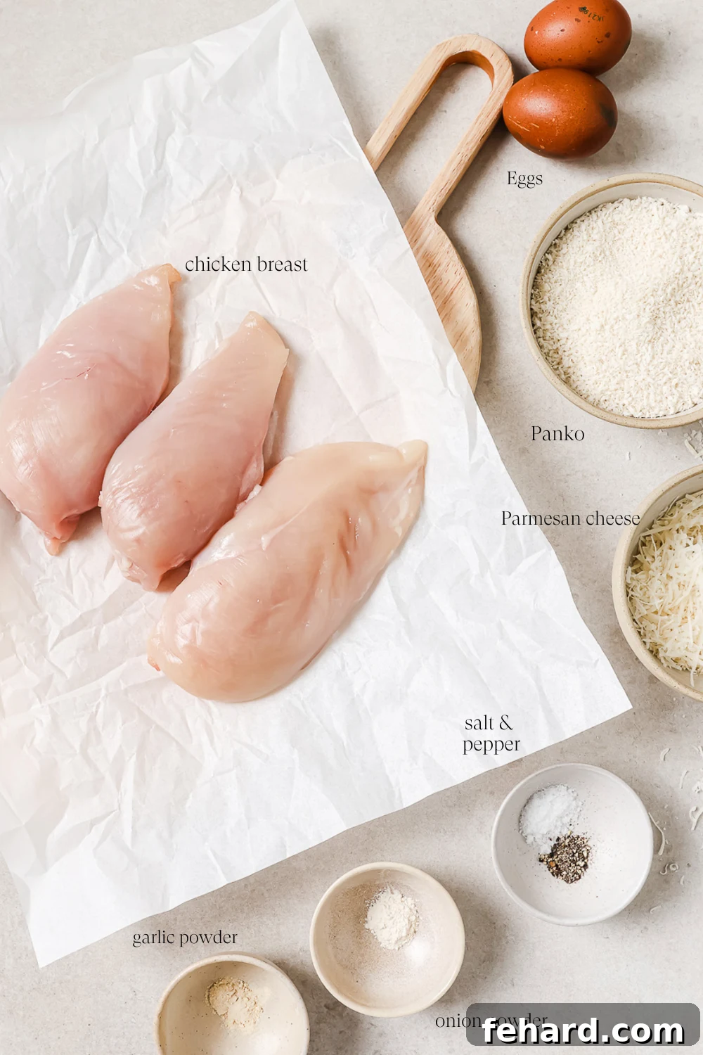 Pre-measured ingredients with text labels for each ingredient, including chicken breasts, eggs, breadcrumbs, and spices.