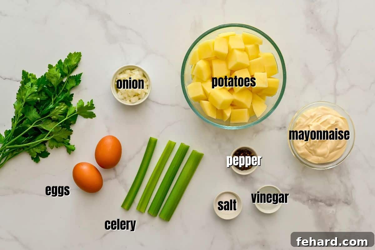 A selection of fresh ingredients laid out: russet potatoes, Hellmann's mayonnaise jar, white vinegar, salt, pepper, celery, yellow onion, and hard-boiled eggs for classic potato salad preparation.