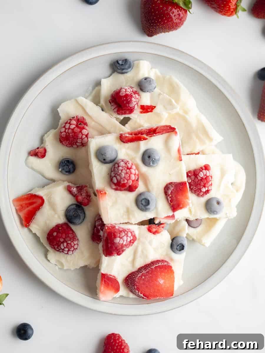 Homemade Frozen Yogurt Bark with Berries Broken Berry Frozen Yogurt Bark broken into small pieces on light gray plate surrounded by fresh berries.