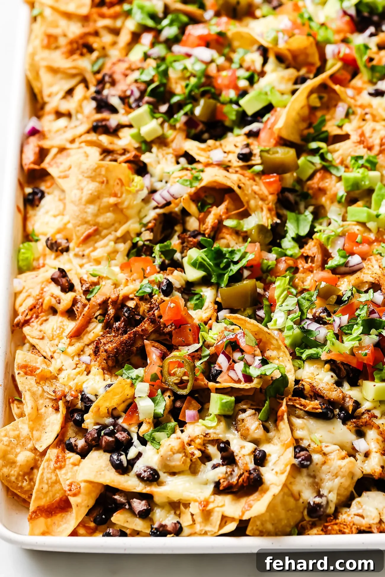 An overhead view of rotisserie chicken nachos with jalapenos, cilantro, avocado, and pico de gallo. 