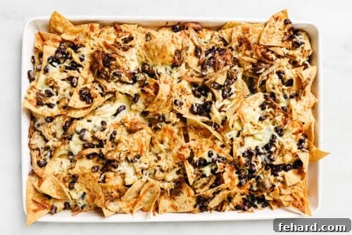 overhead view of chicken nachos on a baking sheet