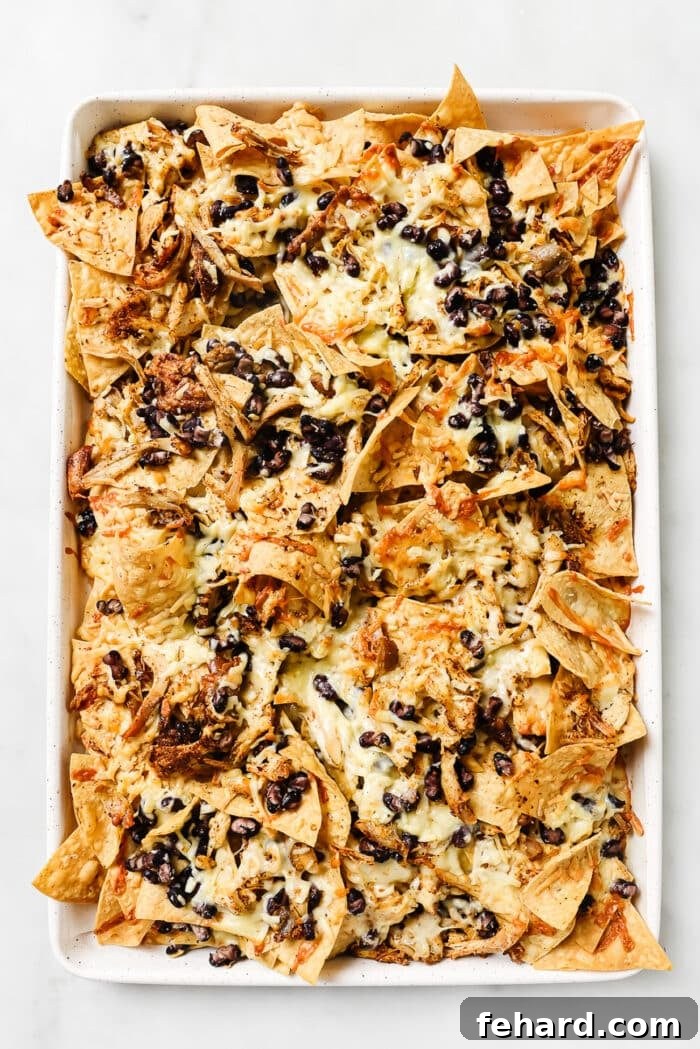 Rotisserie chicken nachos with melted cheese on a sheet pan.  
