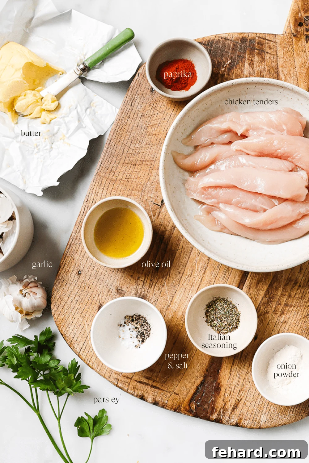 Pre-measured ingredients in small bowls with text overlay for each ingredient. 