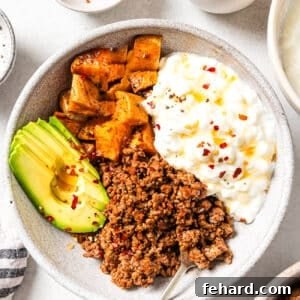 overhead view of cottage cheese taco bowl.
