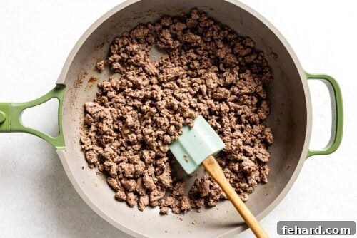 Ground beef cooked in a skillet