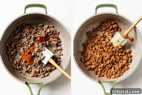 ground beef in a skillet with a spatula.