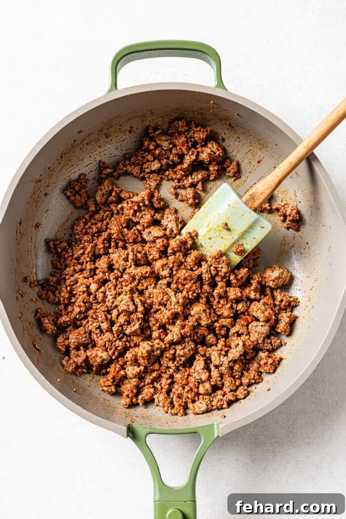 cooked ground beef in a skillet. 