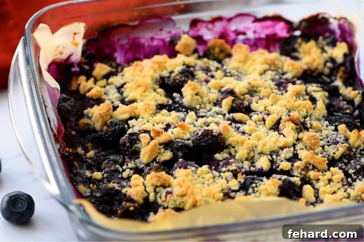 Freshly baked Blueberry Pie Bars nestled in a glass 8x8 baking dish, with a perfectly golden-brown shortbread crumble and the rich, bubbling blueberry filling peeking through.