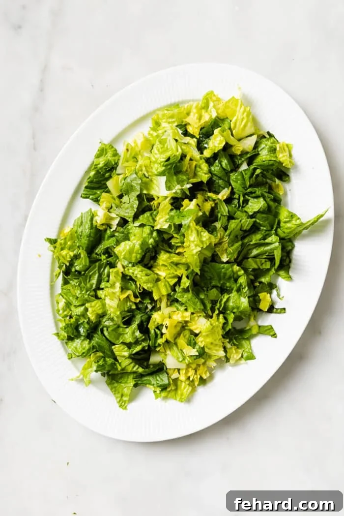 A bed of lettuce on a large white serving platter.