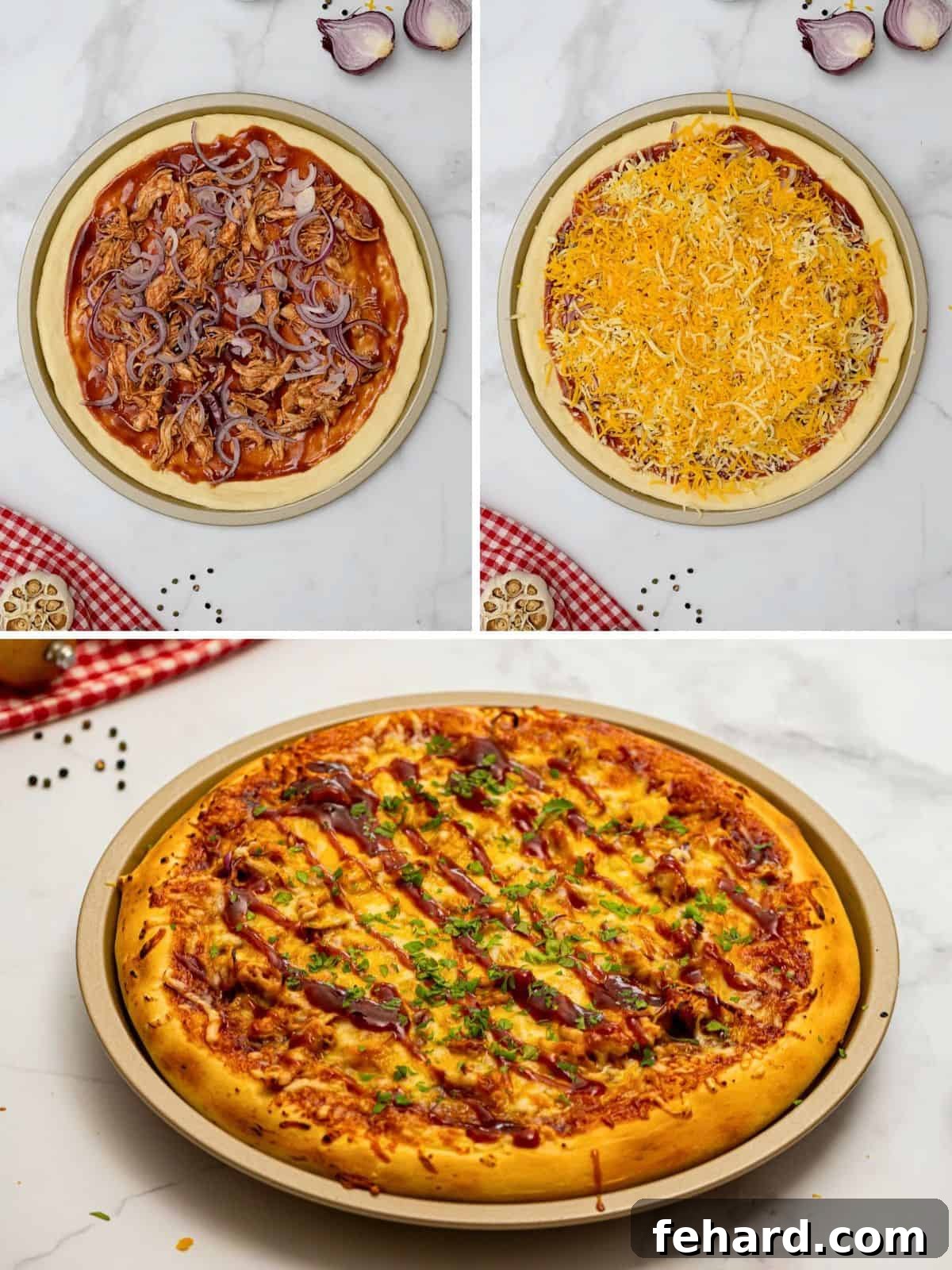 A collage of three photos showing the BBQ pizza making process: dough with chicken, BBQ sauce, and onions; then topped with cheese; and finally, the perfectly baked pizza.