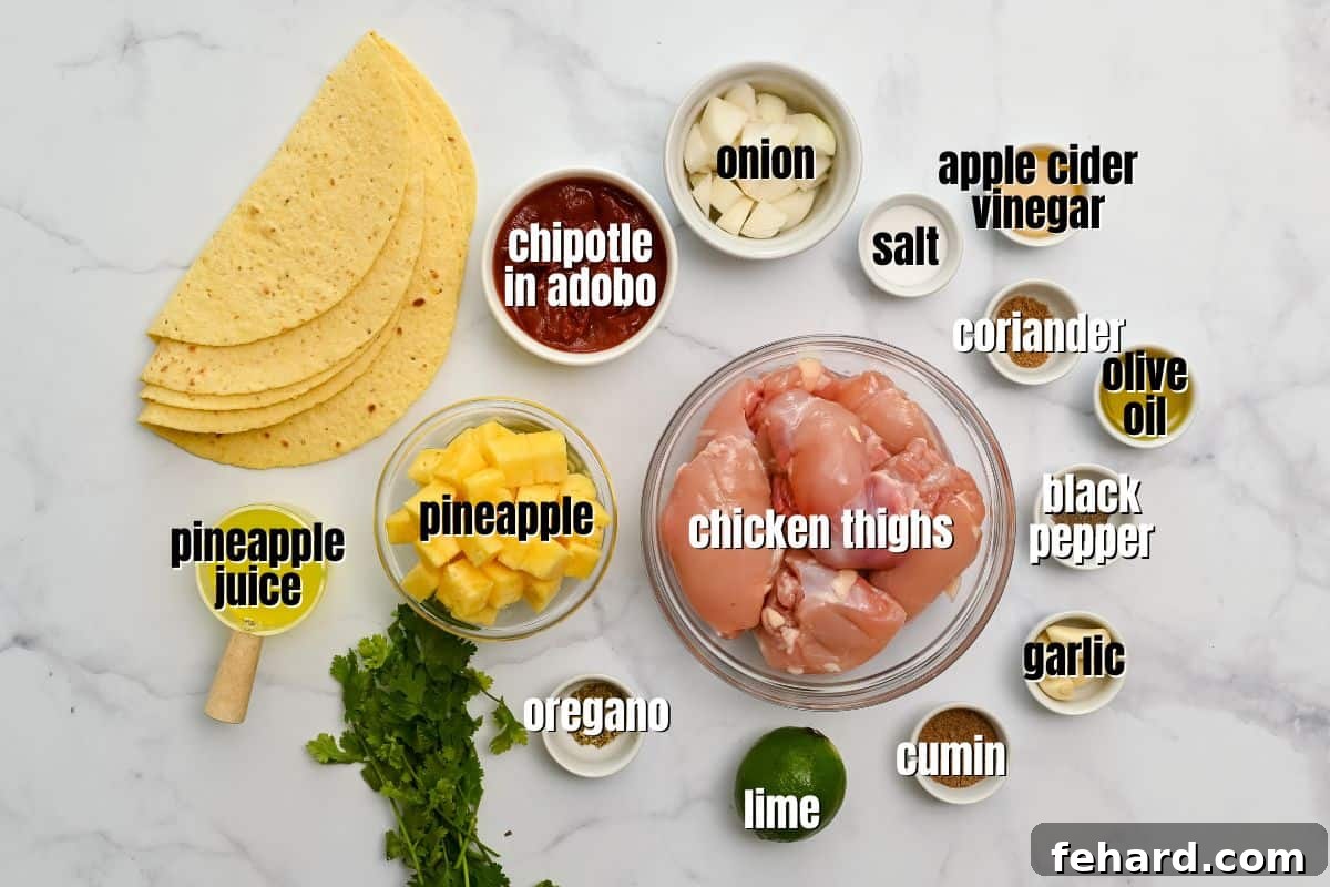 Key ingredients for Copycat Chipotle Chicken Al Pastor, including chicken, pineapple, spices, and chipotle peppers, laid out on a kitchen counter.