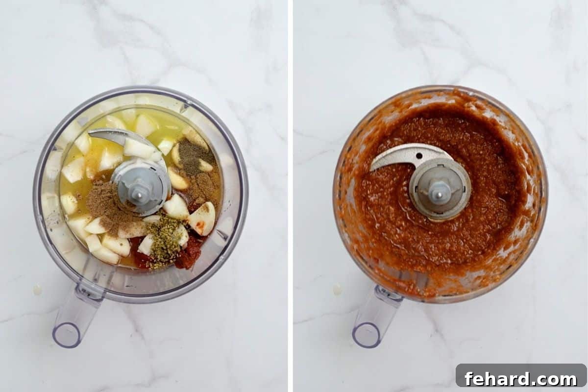 Two side-by-side images showing the vibrant ingredients for al pastor marinade before blending and the smooth, rich marinade after processing in a food processor.