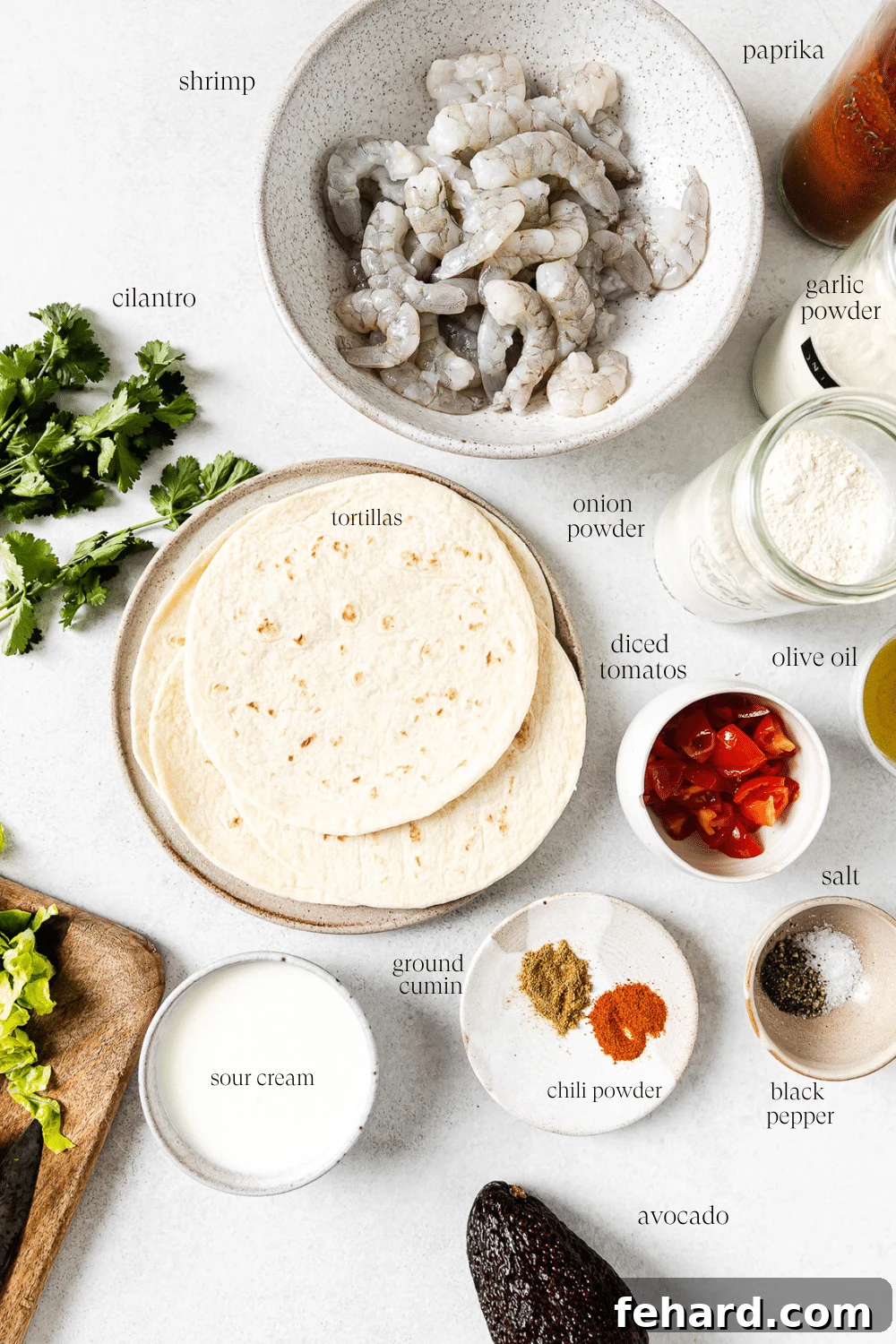 Baja Shrimp Fiesta 3 Pre-measured and labeled ingredients on a white countertop.