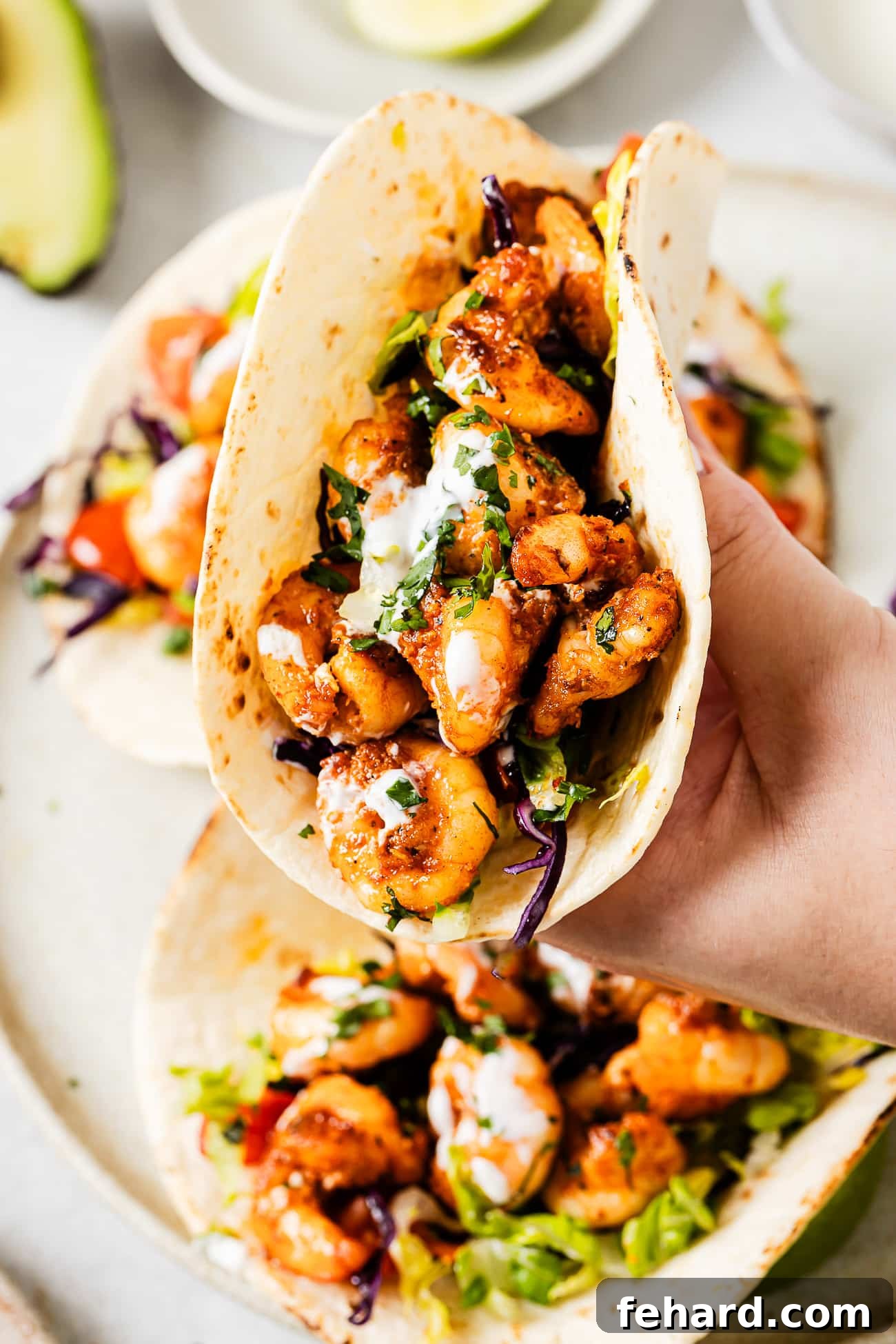 Baja Shrimp Fiesta 8 A side-view of a shrimp taco topped with sour cream and cilantro.