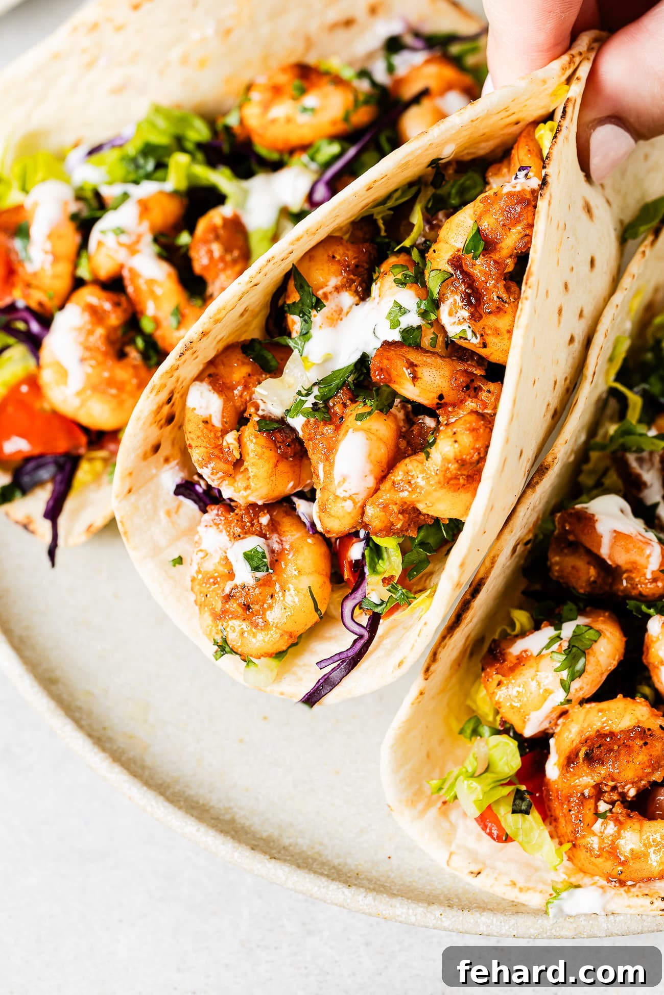 Baja Shrimp Fiesta 9 Three loaded shrimp tacos on a white serving plate.