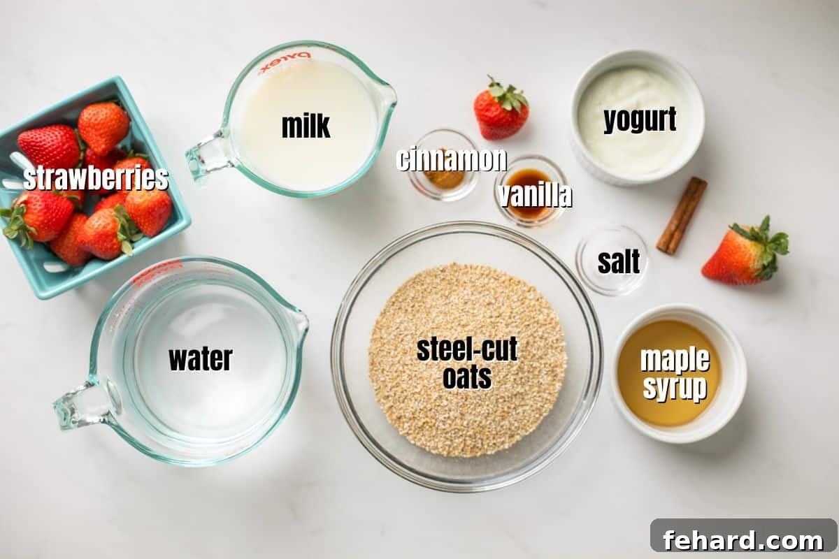 Ingredients for strawberries and cream oatmeal labeled on counter.