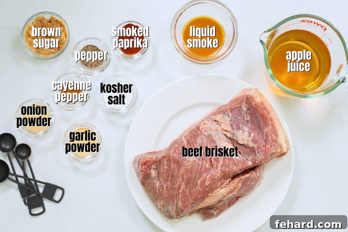 Instant Pot Beef Brisket Ingredients for Instant Pot Brisket on counter with labels.